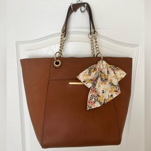 Steve Madden Brown BWilde Vegan Leather XL Tote Bag w/Floral Interior & Scarf
